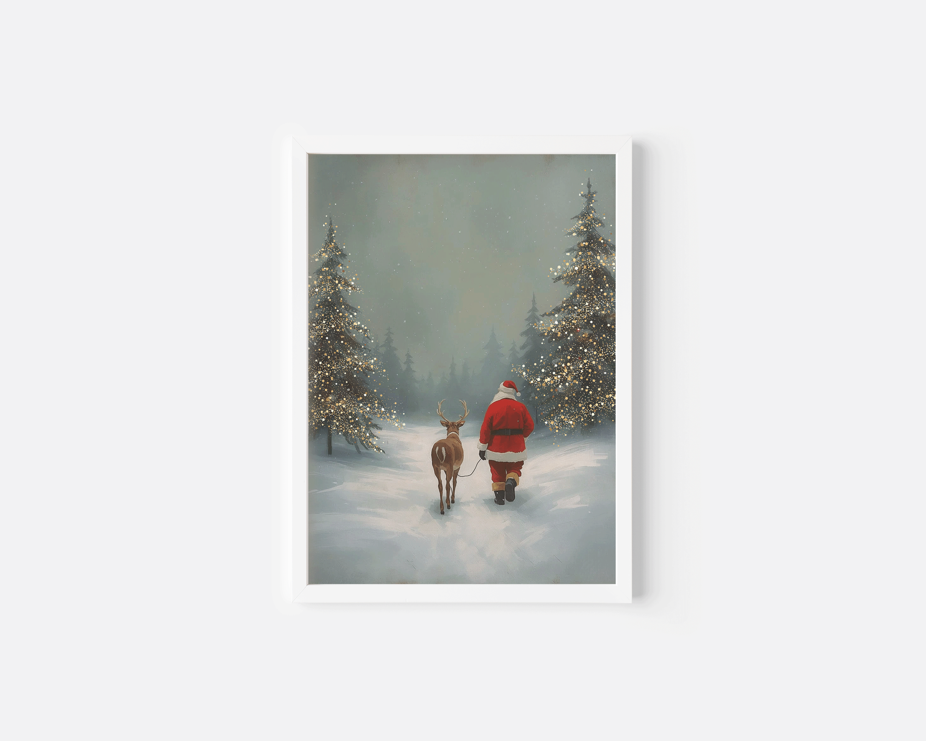 White framed Christmas wall art of Santa and a reindeer in a snowy winter forest, perfect for classic seasonal styling in an entryway, hallway, or bedroom