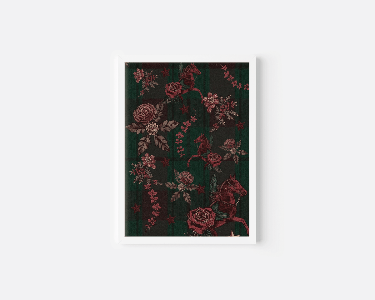 Tartan plaid Christmas print with deep red horses and florals in a white frame