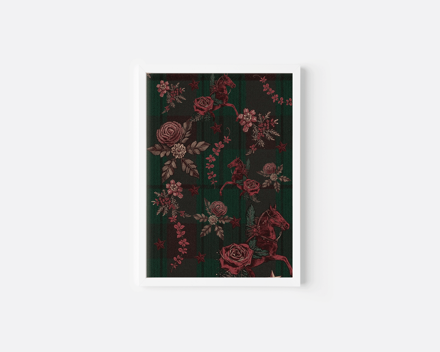 White-framed classic tartan plaid Christmas wall art with deep red horses, heritage florals, and vintage Ralph Lauren holiday styling on a crisp white backdrop