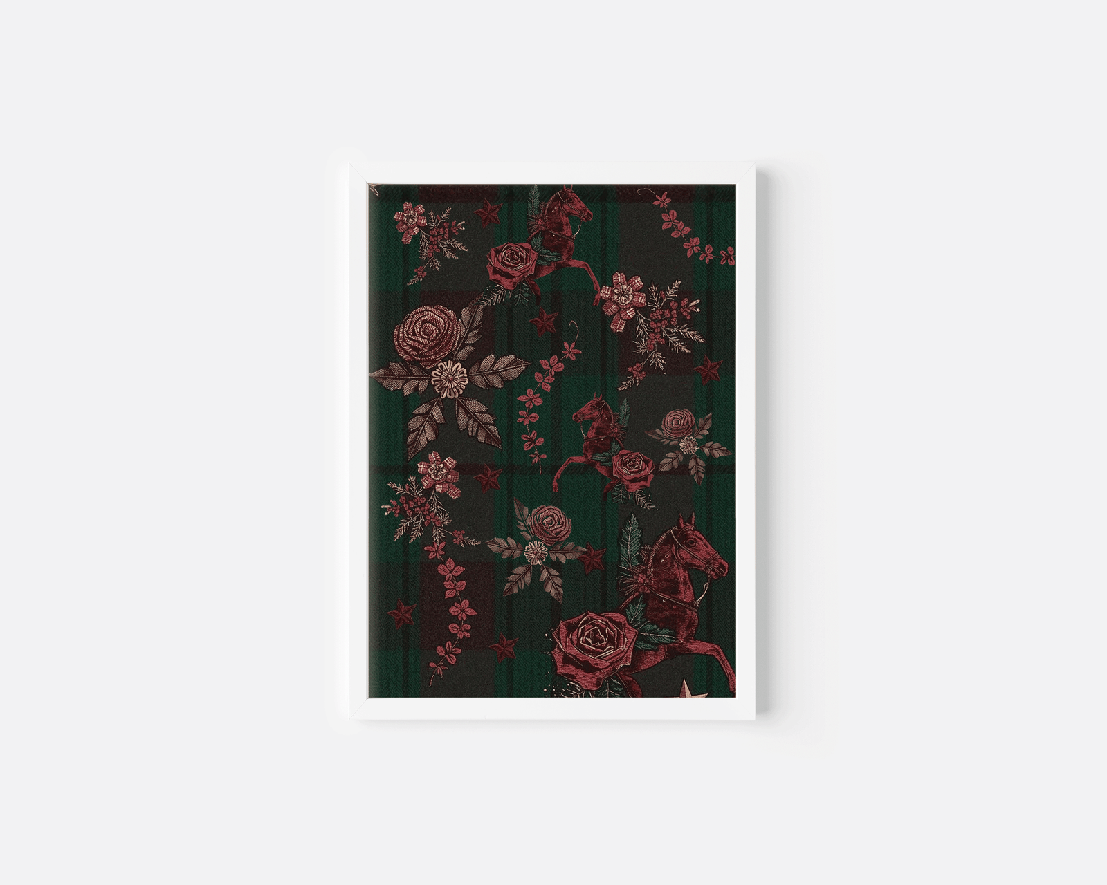 White-framed classic tartan plaid Christmas wall art with deep red horses, heritage florals, and vintage Ralph Lauren holiday styling on a crisp white backdrop