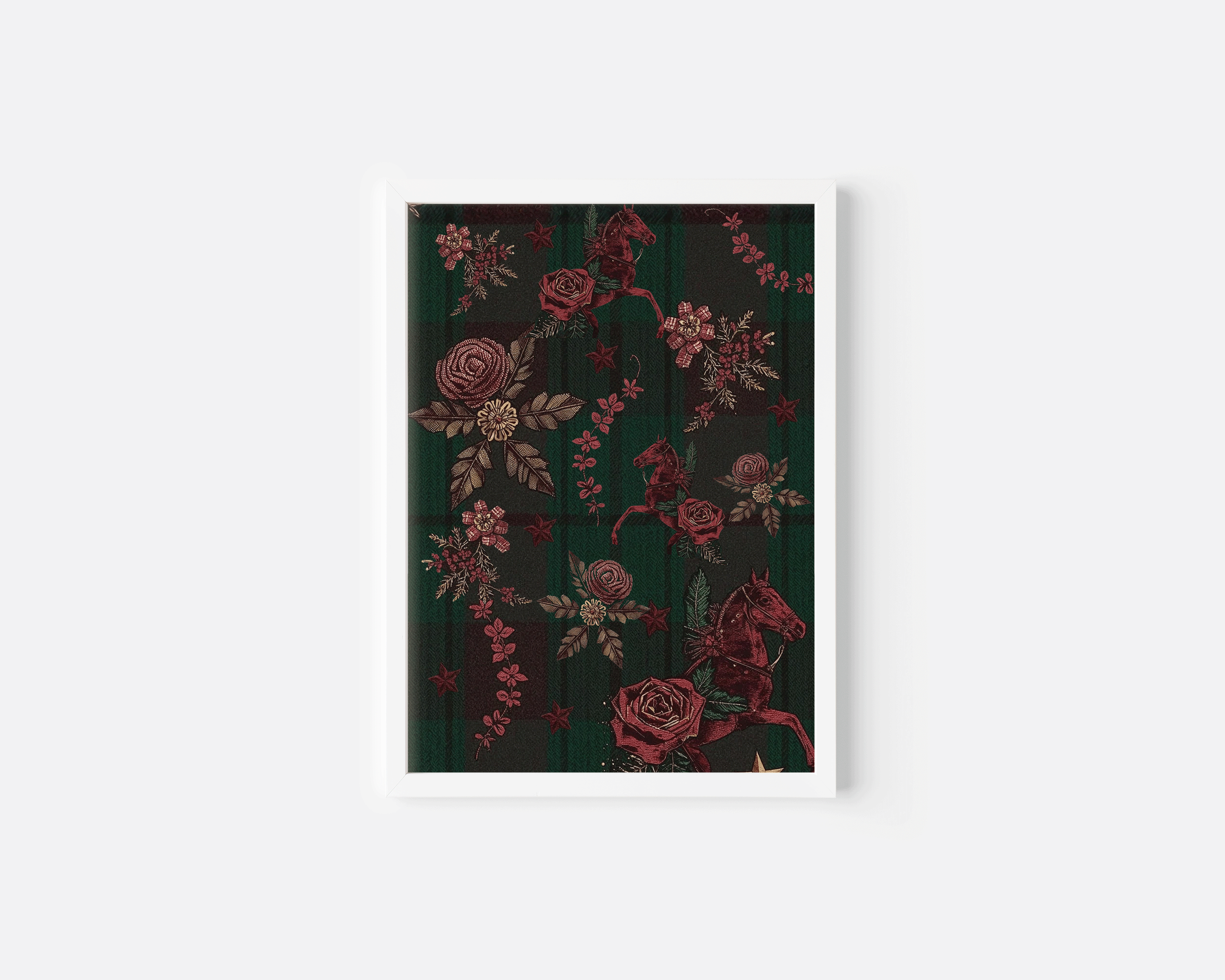 White-framed classic tartan plaid Christmas wall art with deep red horses, heritage florals, and vintage Ralph Lauren holiday styling on a crisp white backdrop