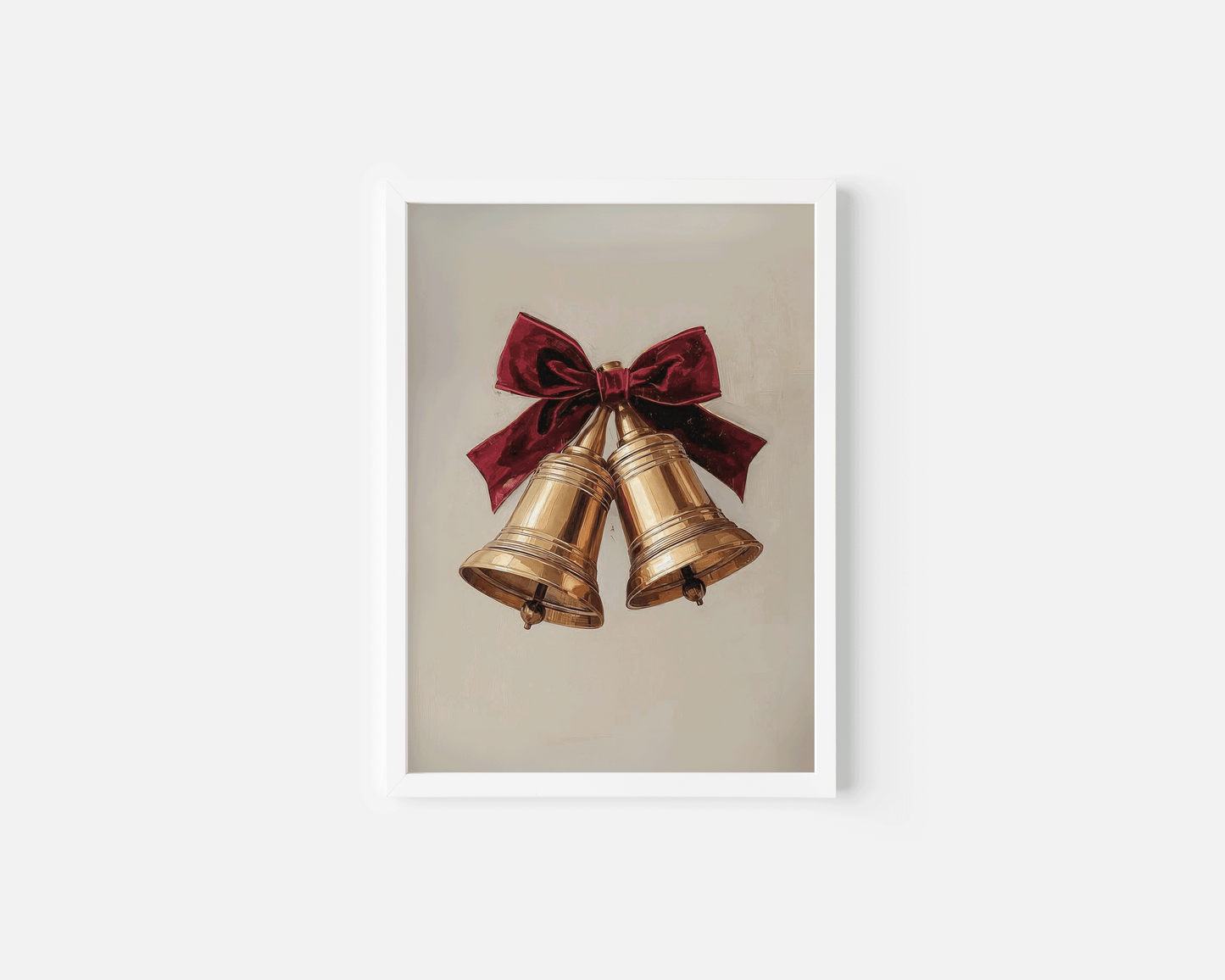 Christmas bells wall art in a bright white frame on a soft neutral background, blending a minimal, cottagecore vibe with a polished, classic Ralph Lauren holiday look.