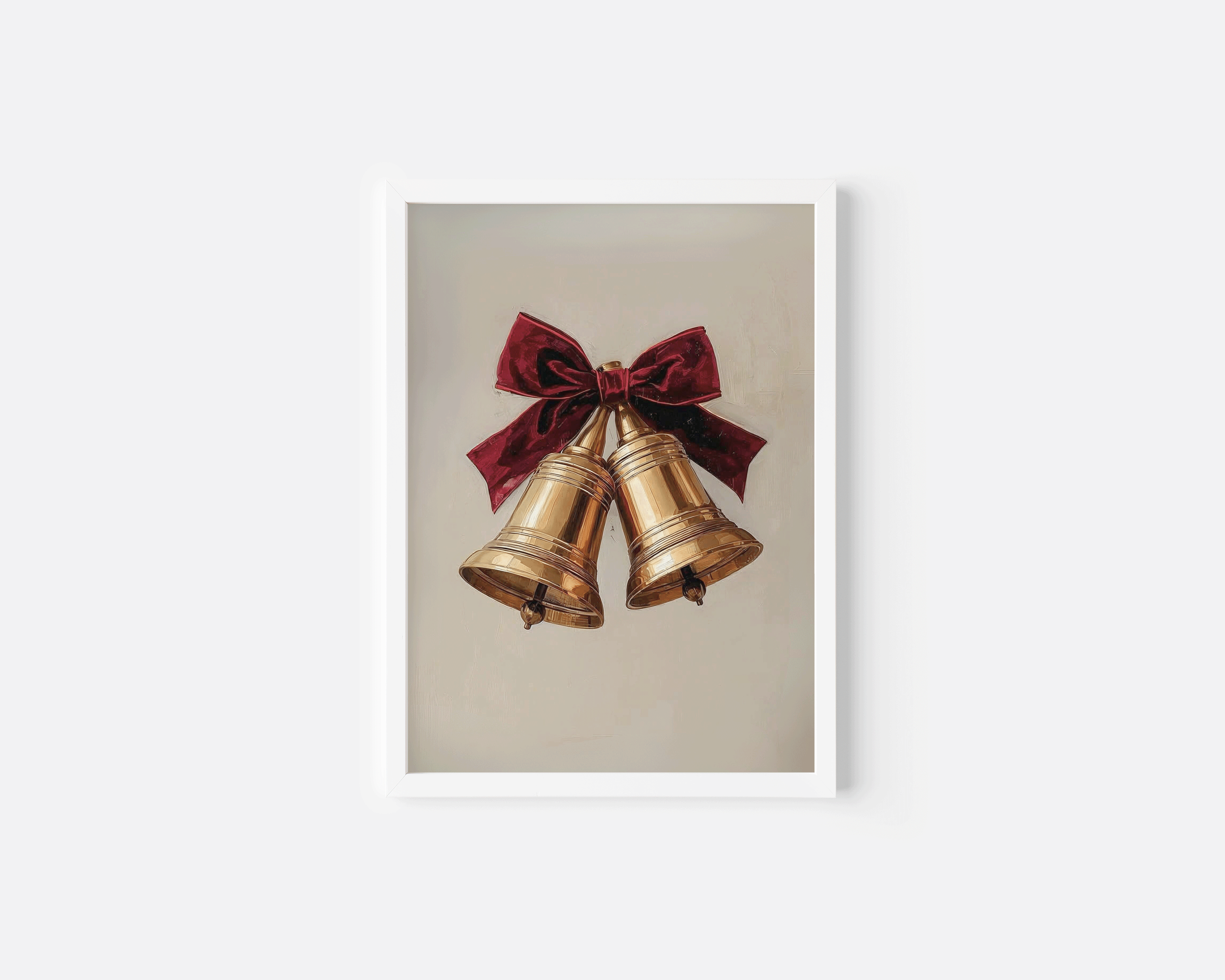 Christmas bells wall art in a bright white frame on a soft neutral background, blending a minimal, cottagecore vibe with a polished, classic Ralph Lauren holiday look.