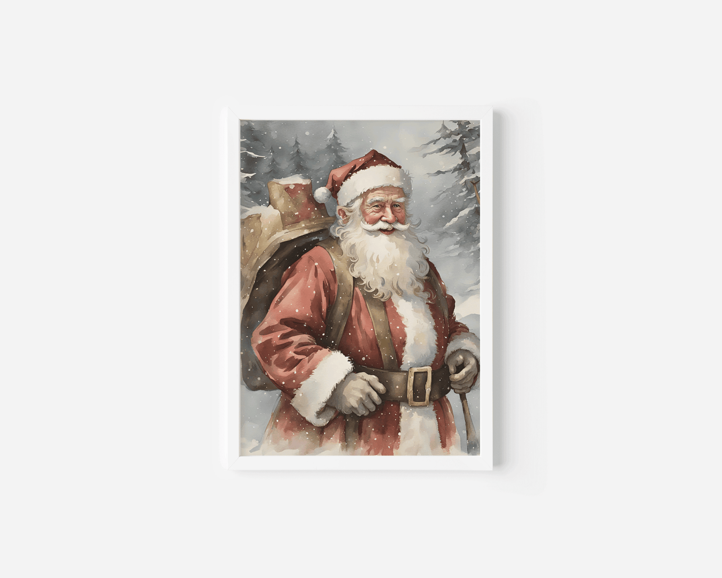 White-framed vintage Santa Claus portrait print with snowy forest scene, styled in cozy Christmas home with soft natural light