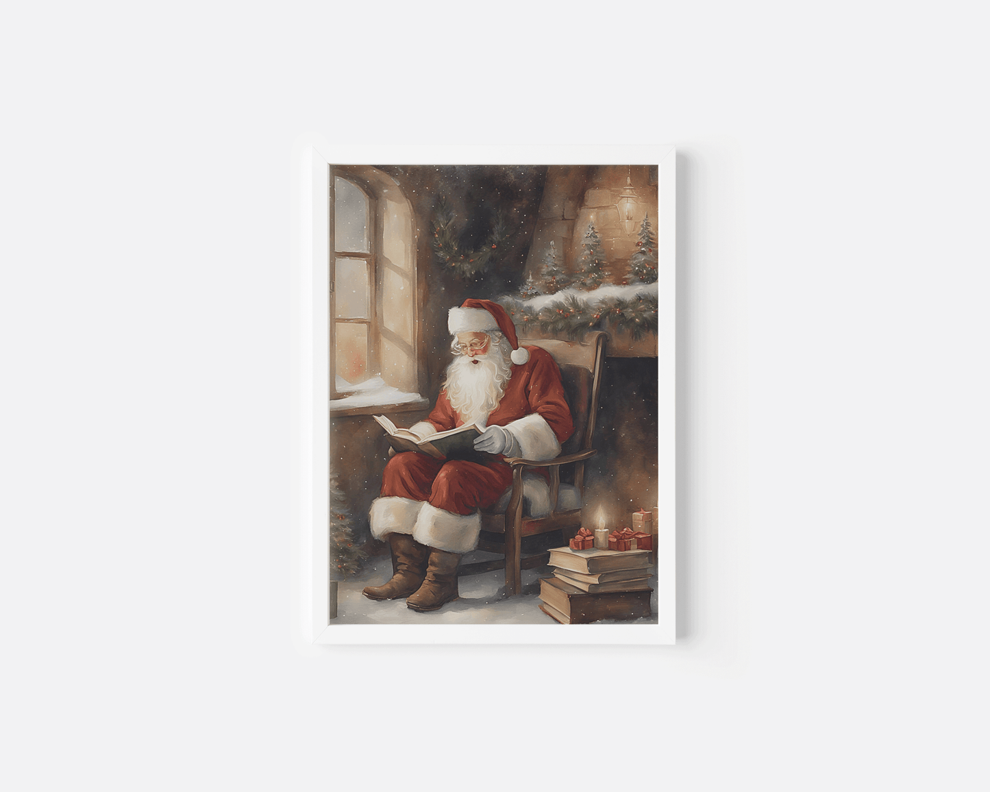 Santa reading by fireplace in white frame, snowy vintage Christmas art for traditional decor