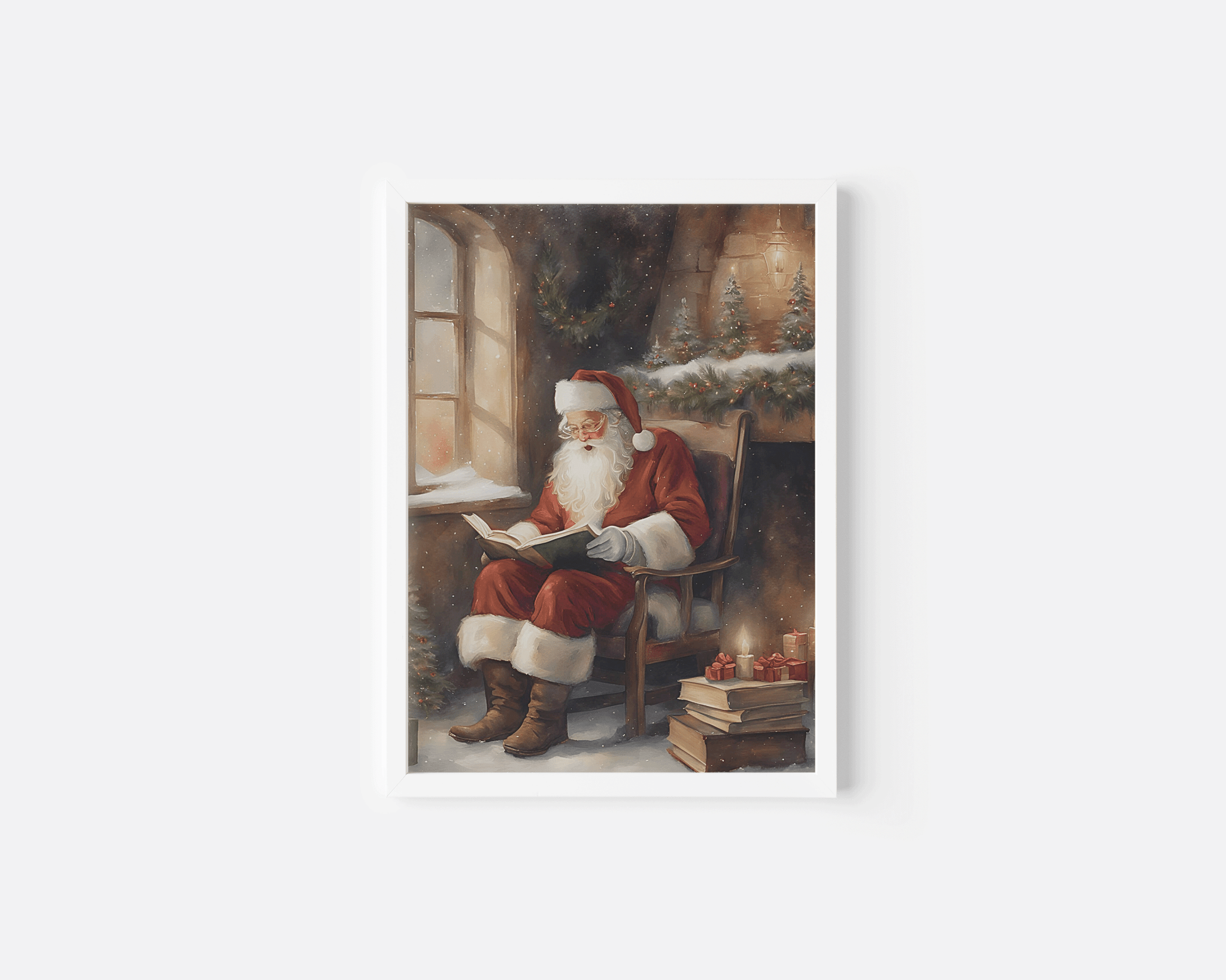 Santa reading by fireplace in white frame, snowy vintage Christmas art for traditional decor