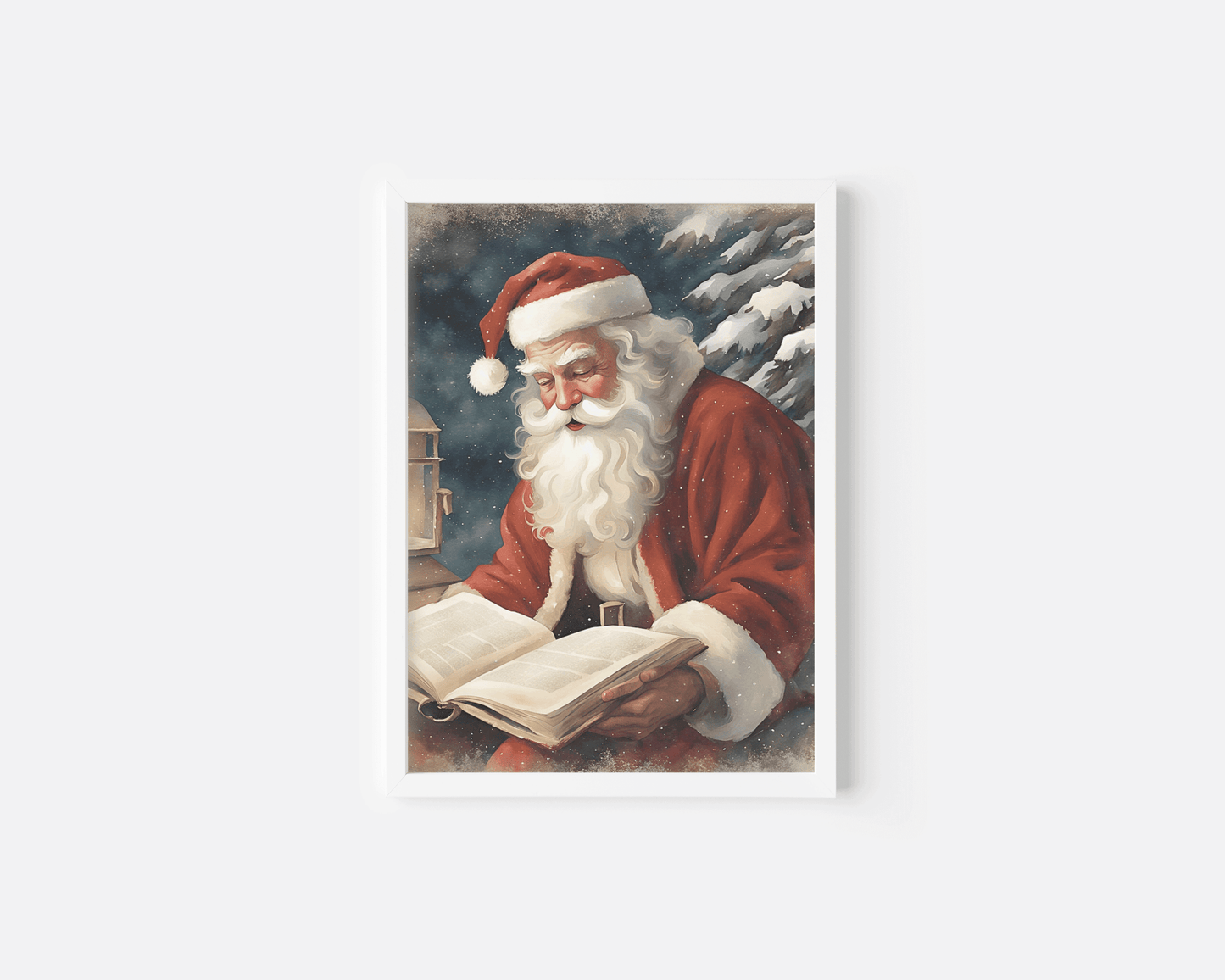 White framed Santa reading portrait print with snowy trees and lantern, styled as cozy Christmas home decor