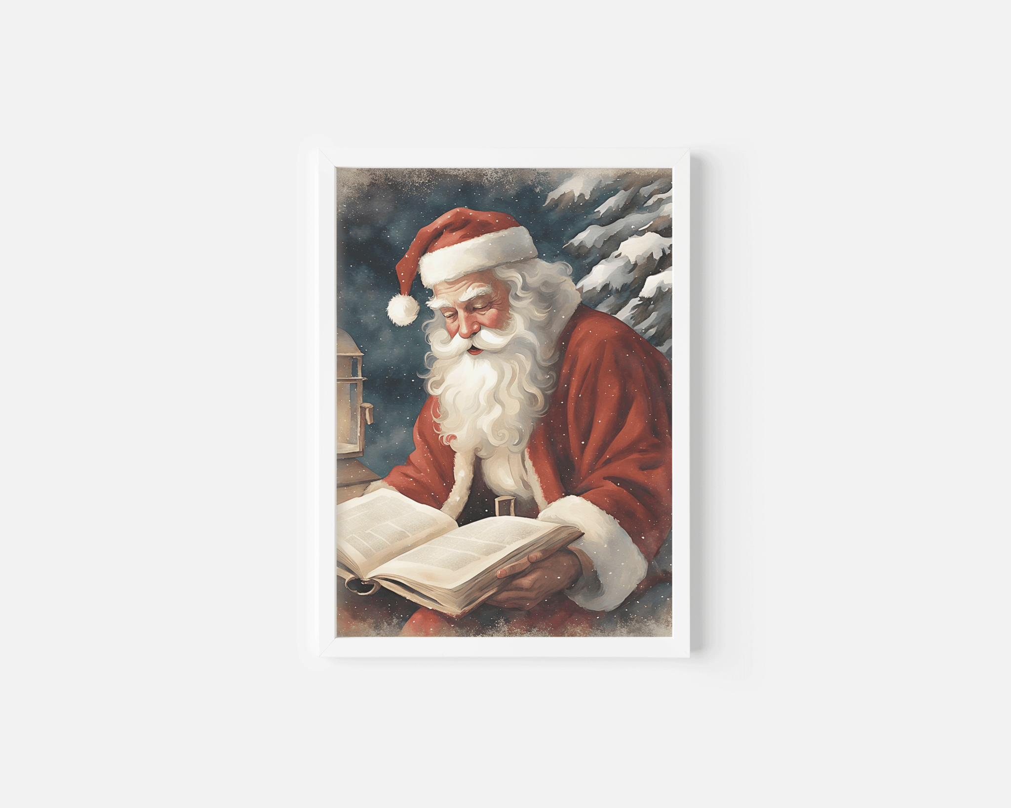 White framed Santa reading portrait print with snowy trees and lantern, styled as cozy Christmas home decor