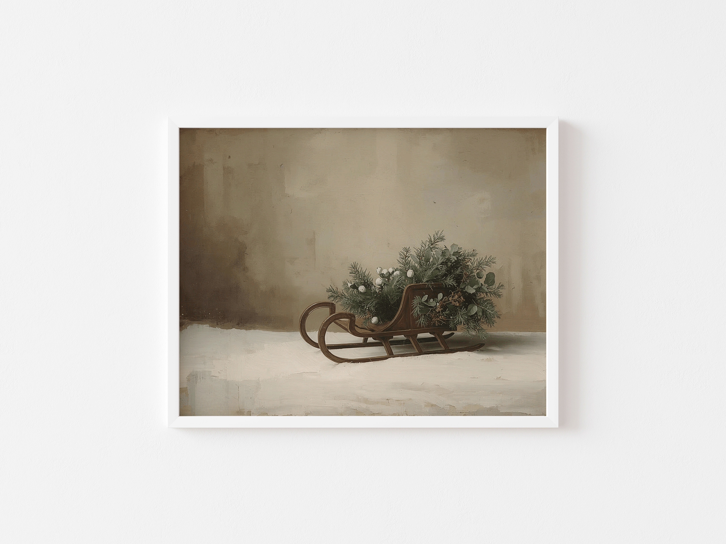 Vintage sleigh artwork with matte white frame, showcasing soft winter greenery and neutral painted textures for clean minimalist holiday decor
