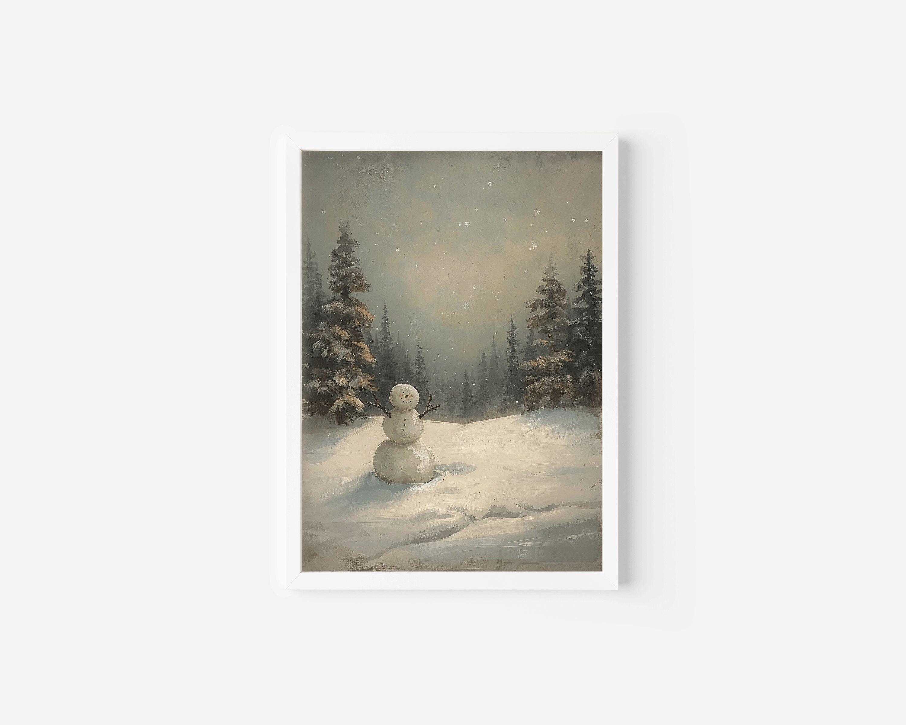 Minimalist white-framed snowman wall art with snowy forest background and soft vintage brushwork