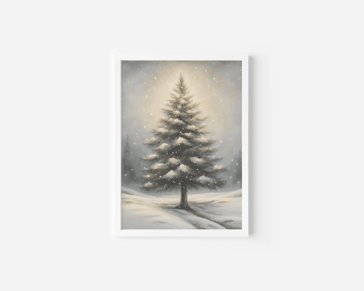 Snowy pine tree print in a white frame on a clean white wall with soft light