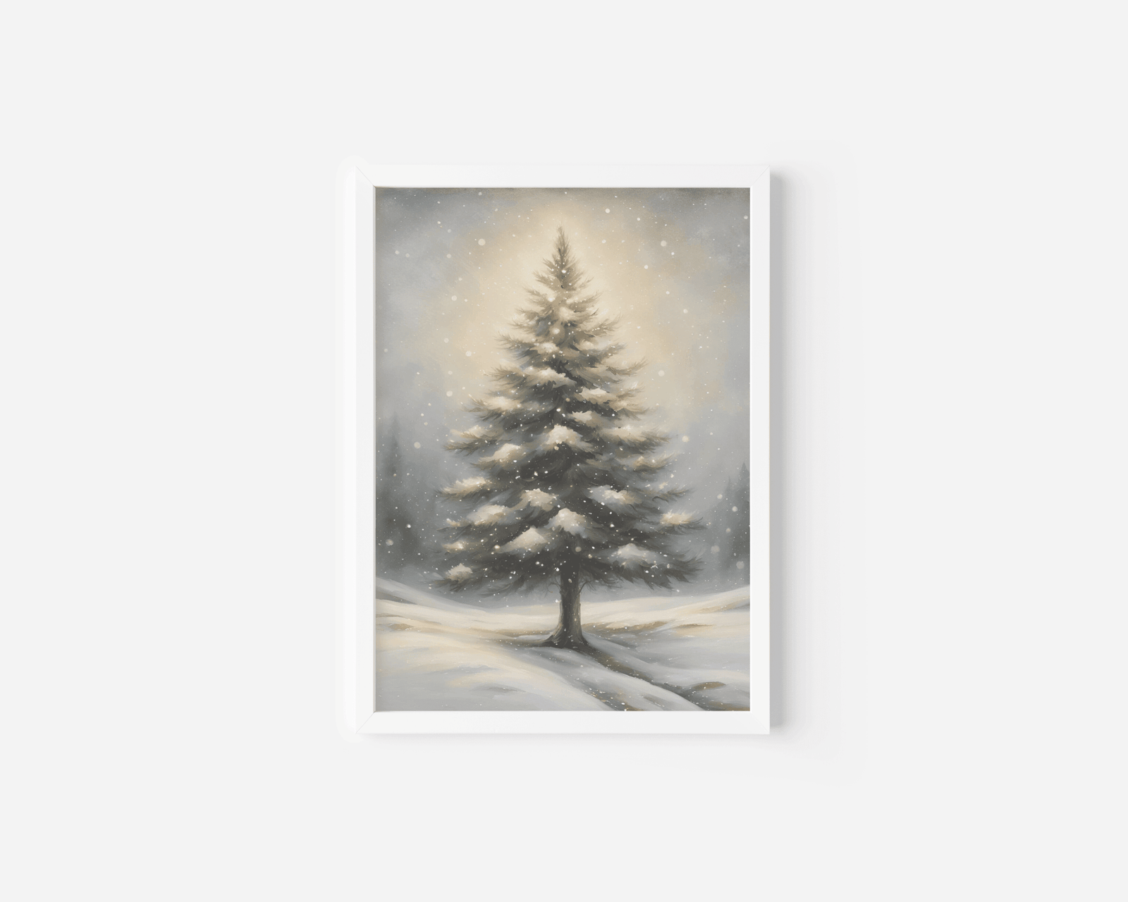 Snowy pine tree wall art framed in white, hanging on clean white wall with soft light and minimal holiday styling, perfect for christmas holiday decor