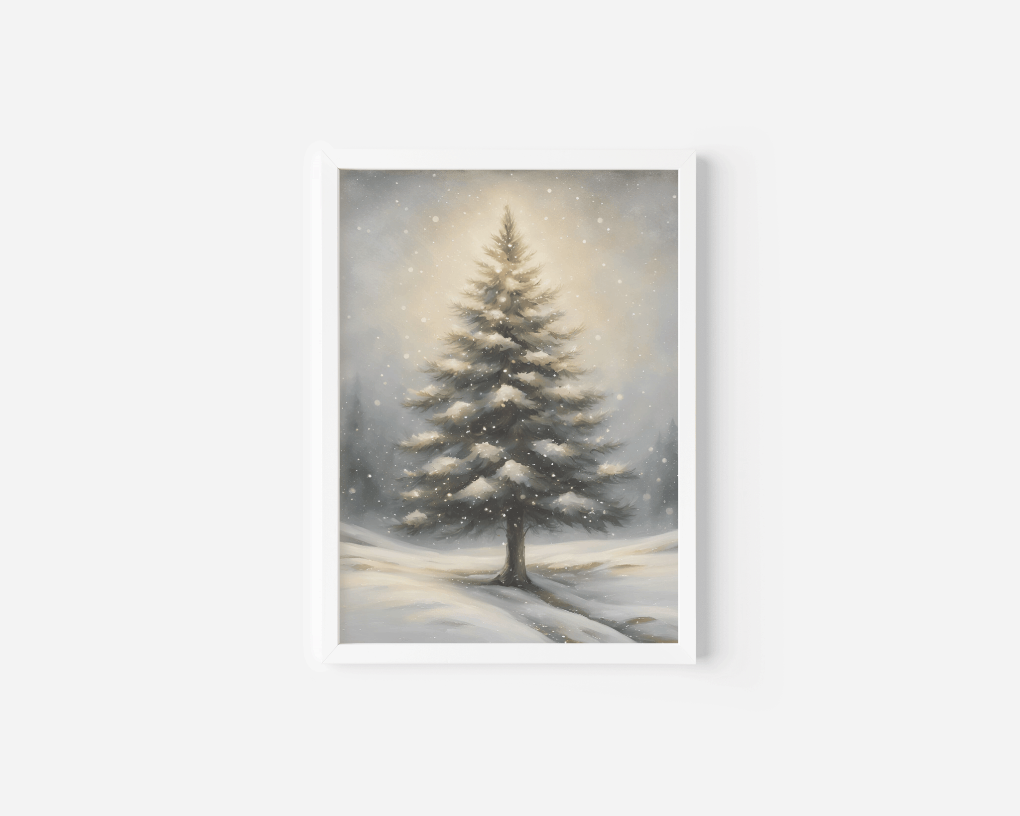 Snowy pine tree wall art framed in white, hanging on clean white wall with soft light and minimal holiday styling, perfect for christmas holiday decor
