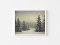 Snowy pine tree nature landscape wall art with a white frame showing a serene winter forest with green trees, snow falling from the sky and on the ground, under a pale gold sky