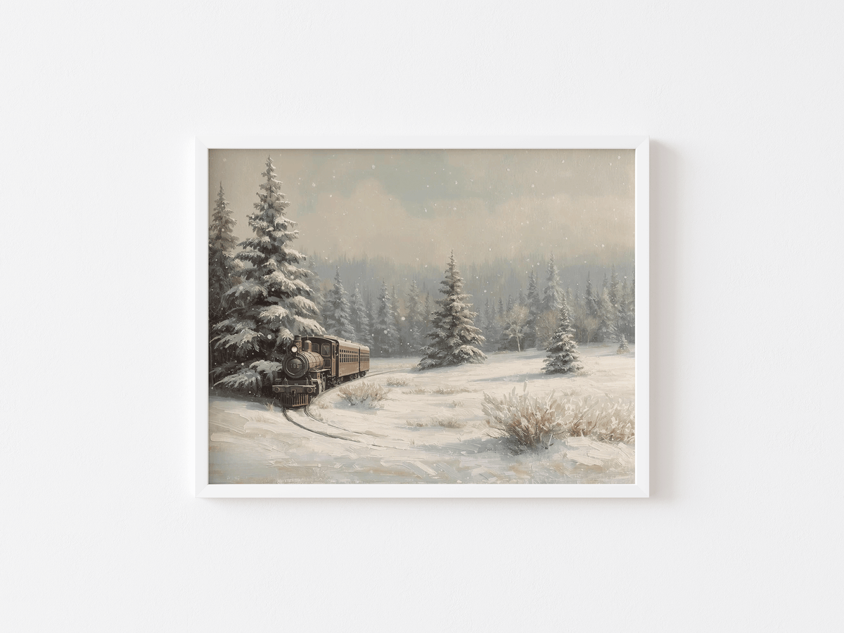 Vintage Christmas train print in a white frame, a steam train moving through a snowy pine forest