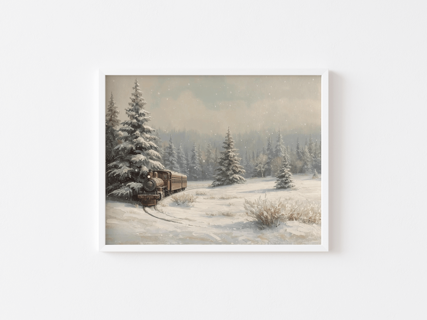 White-framed wall art print of a vintage steam train moving through a snowy forest clearing, surrounded by tall frosted pine trees and rendered with detailed oil-painting textures.