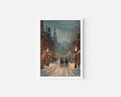 Vintage horse and carriage Christmas village print in a white frame with warm lamplight and falling snow