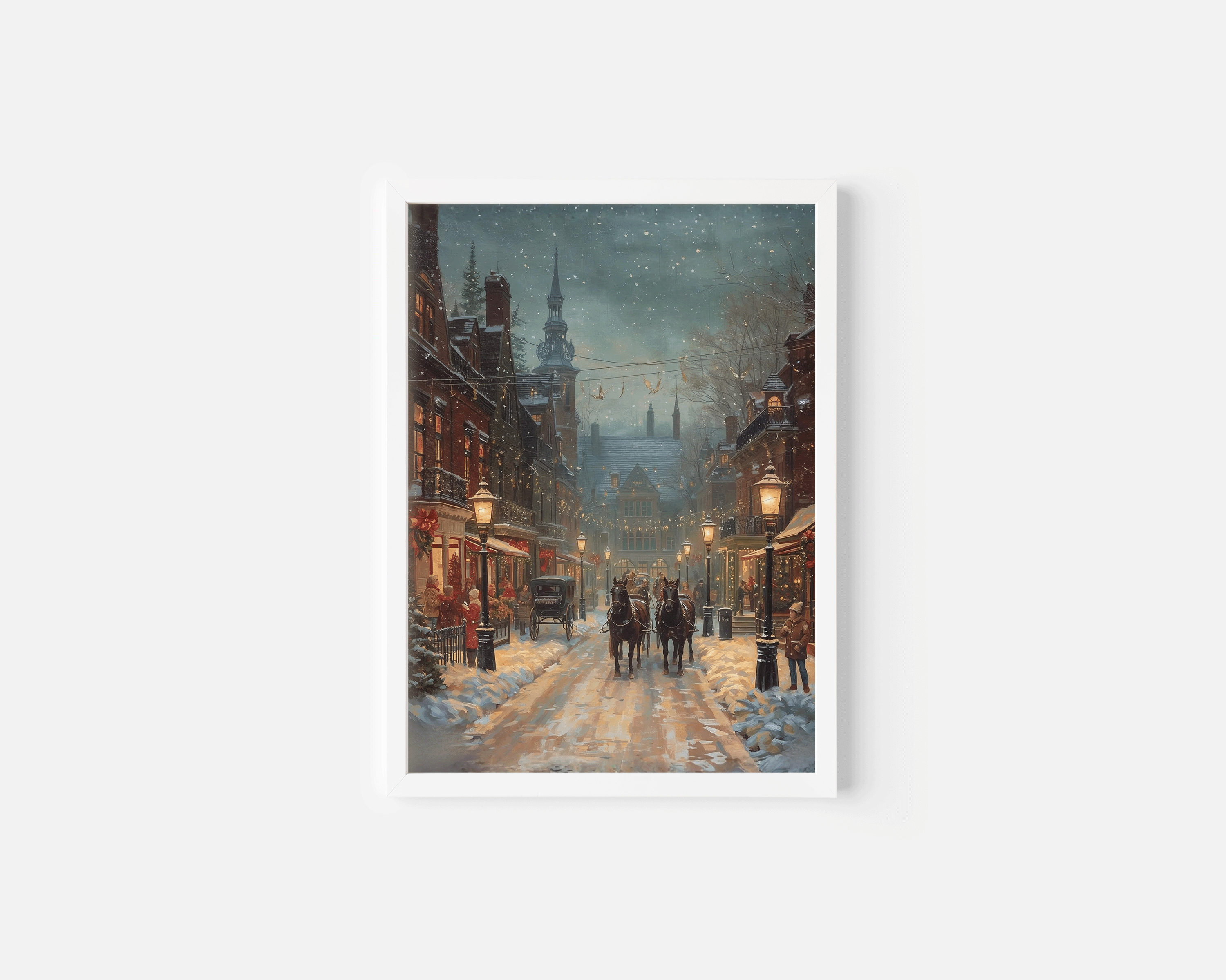 White-framed canvas wall art print showcasing a nostalgic snowy holiday village scene with horse-drawn carriage, warm lamplight, festive storefront decorations, and softly falling snow in an Old World oil-painted style.