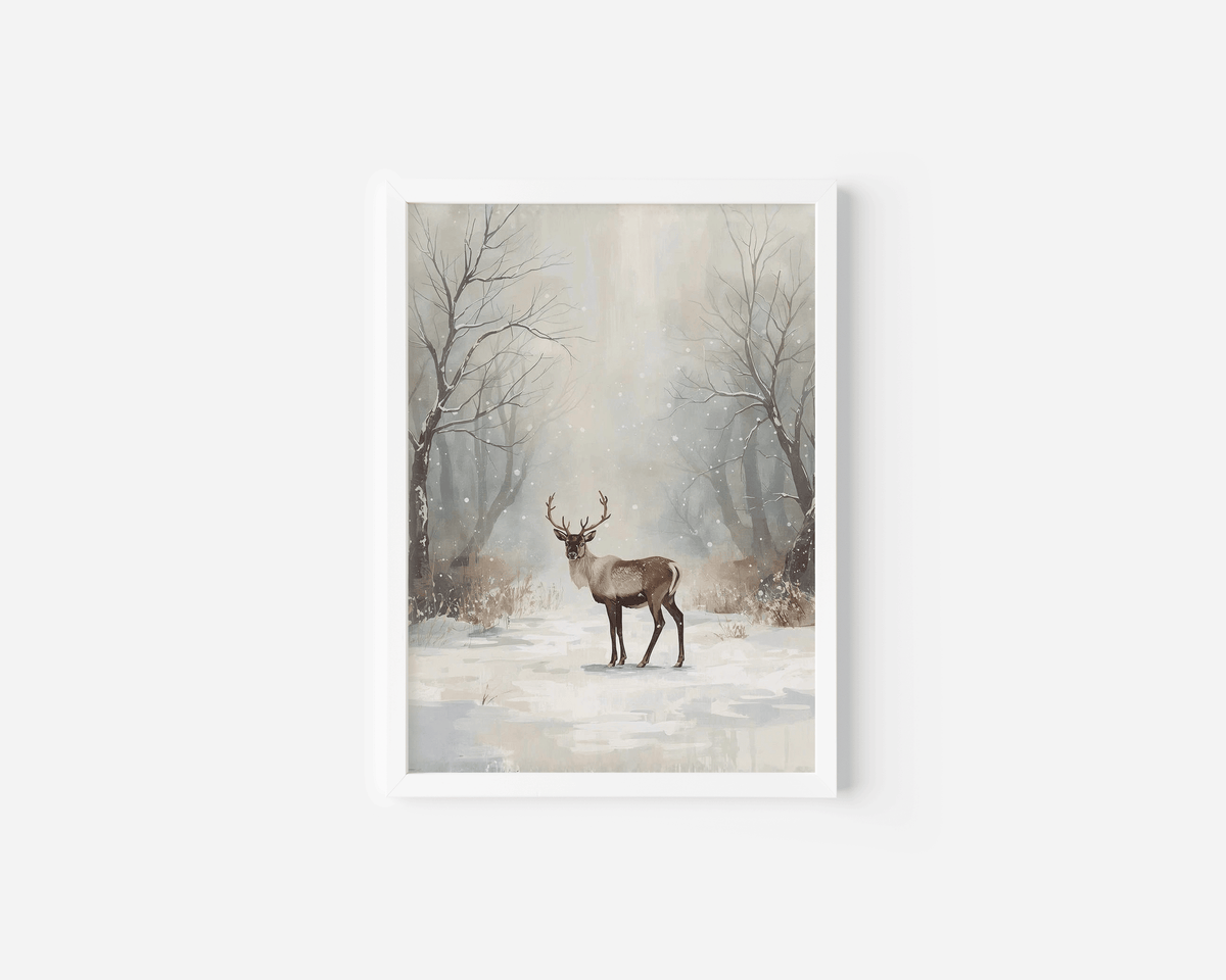 Winter deer wall art in a white frame with a misty snowy forest background