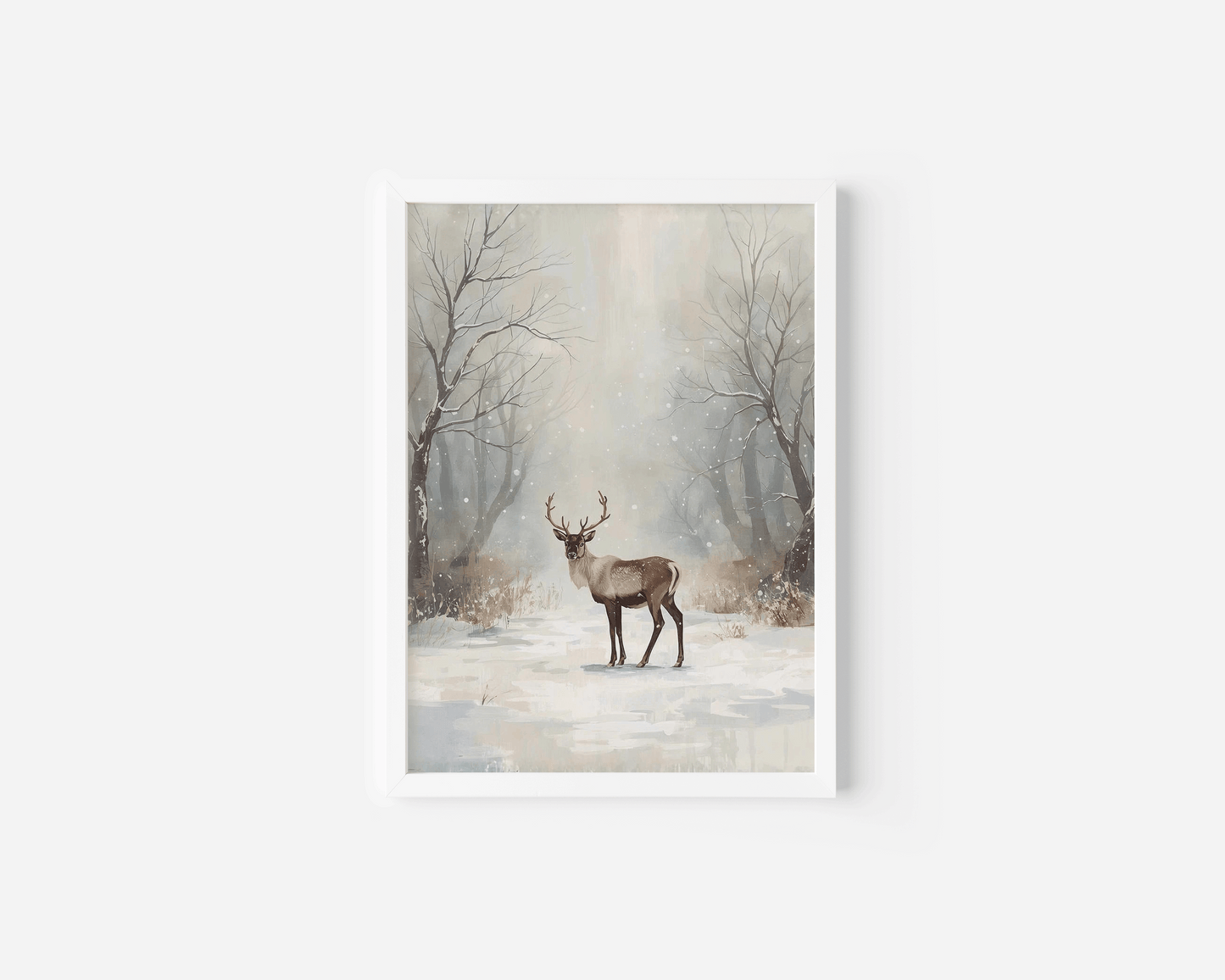 Winter deer wall art shown in a clean white frame with a misty neutral snowy forest background, subtle brushwork, and soft winter lighting — ideal for minimal, Scandinavian, or neutral Christmas décor.