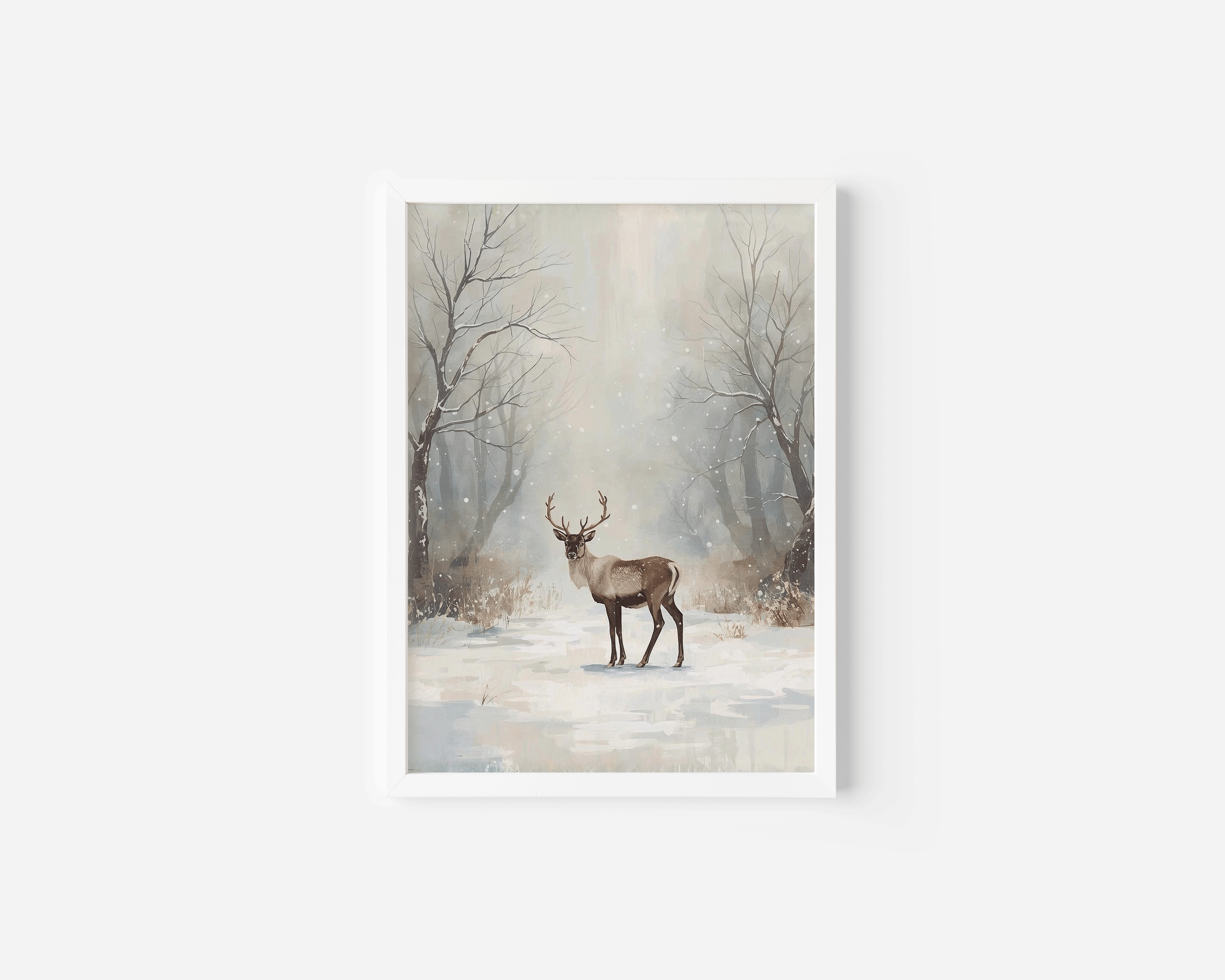 Winter deer wall art shown in a clean white frame with a misty neutral snowy forest background, subtle brushwork, and soft winter lighting — ideal for minimal, Scandinavian, or neutral Christmas décor.