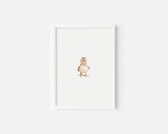 Baby duck watercolour print in a white frame in soft brown, beige and cream with an orange beak and feet