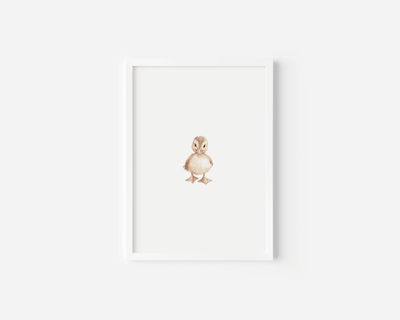Baby duck watercolor art with a white modern frame in neutral shades, like brown, beige cream and a soft orange for the beak and feet, cute minimalist nursery wall décor for boys or girls