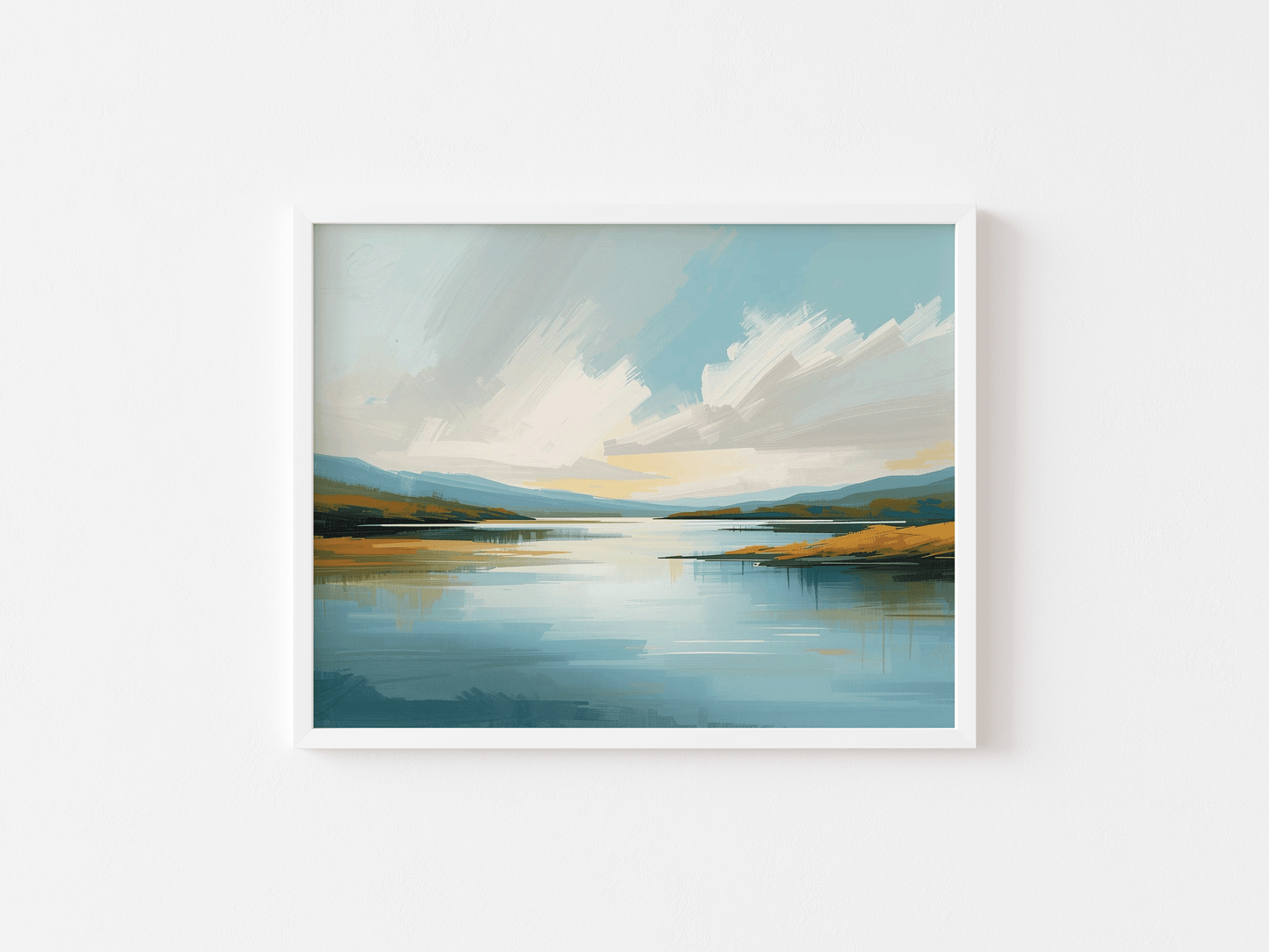 White framed abstract lake wall art print in minimalist style