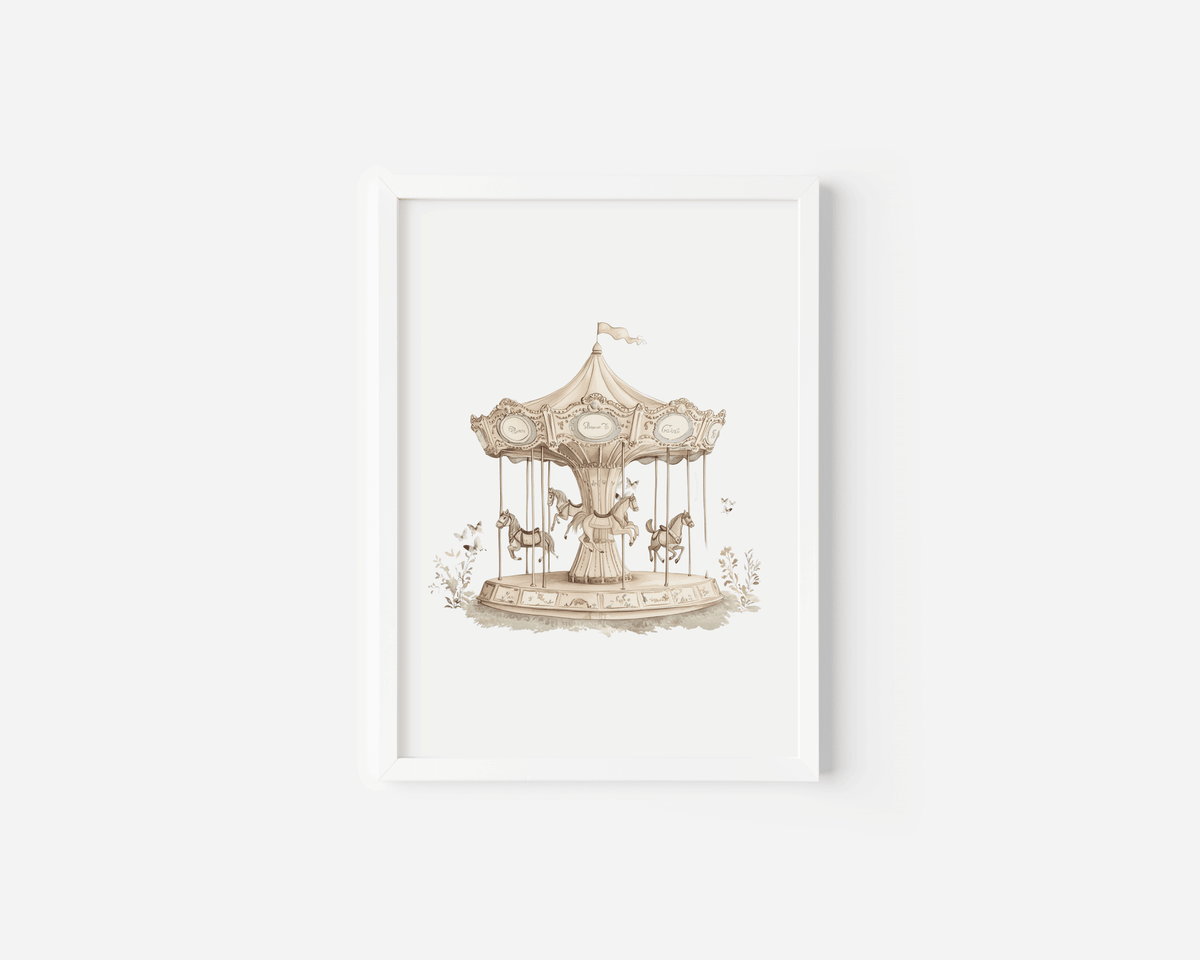 White-framed vintage carousel nursery print featuring butterflies and horses in pastel tones on a white wall