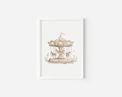 White-framed vintage carousel nursery print featuring butterflies and horses in pastel tones on a white wall