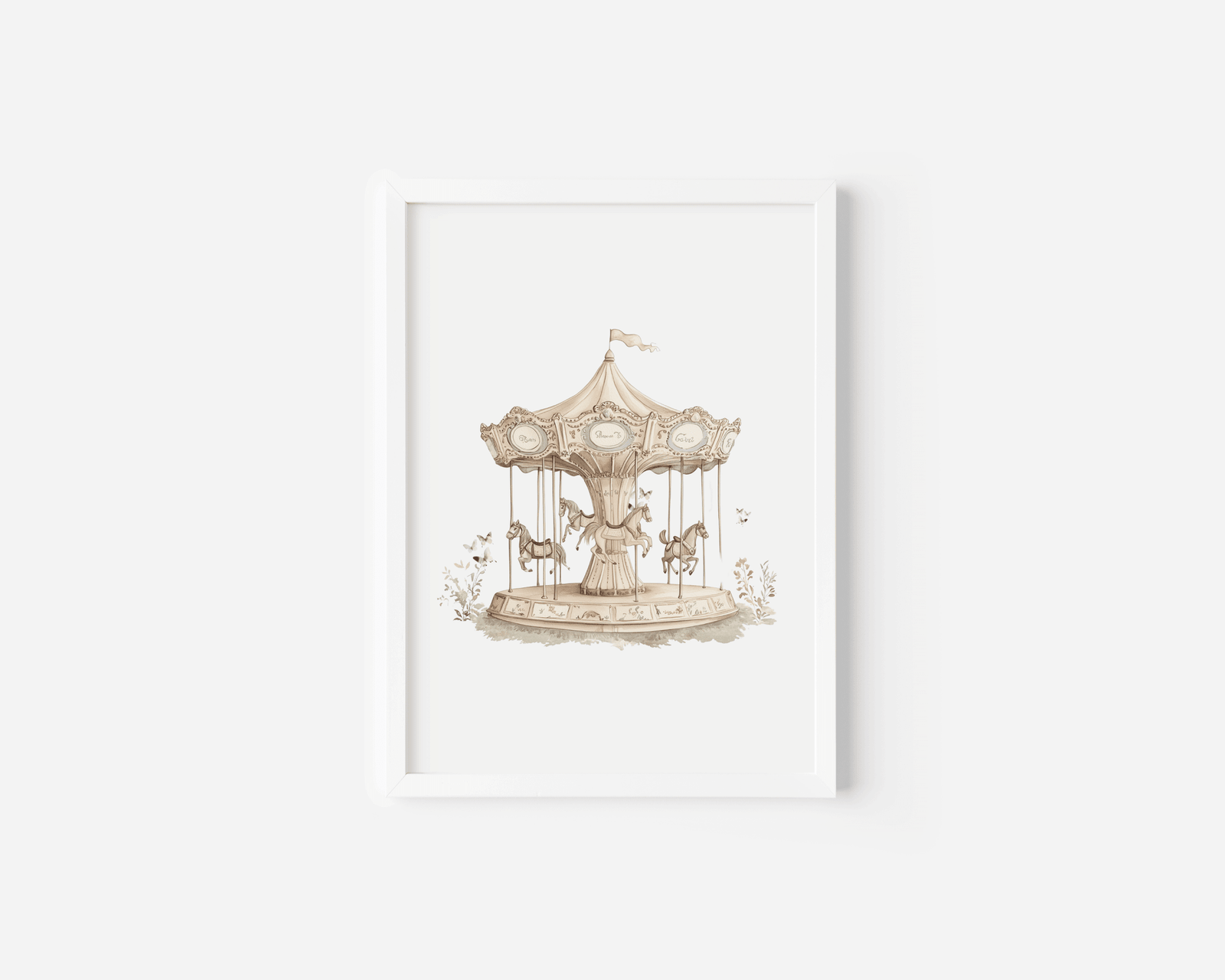 White-framed vintage carousel nursery print featuring butterflies and horses in pastel tones on a white wall