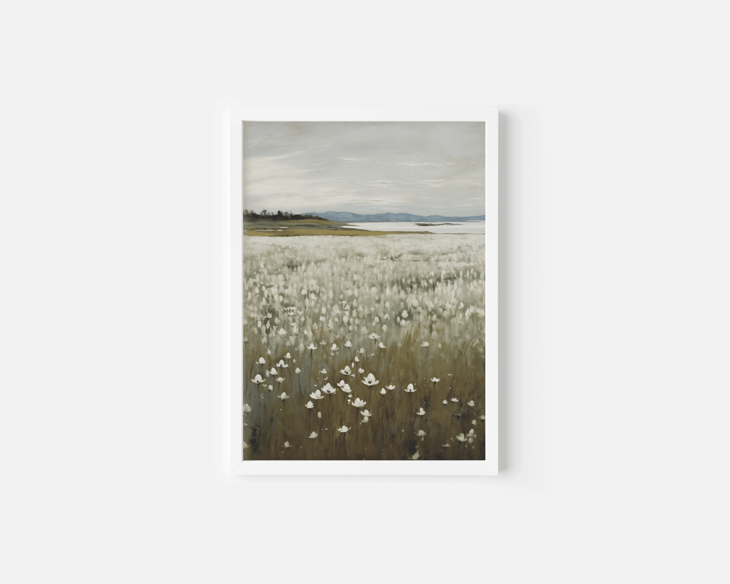 White-framed canvas print of a vintage-style wildflower field and soft horizon landscape, featuring muted botanical tones perfect for cottagecore, rustic, or nature-inspired home decor.