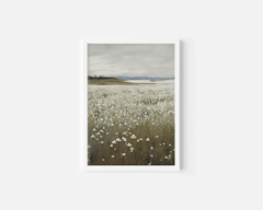 White-framed canvas print of a vintage-style wildflower field and soft horizon landscape, featuring muted botanical tones perfect for cottagecore, rustic, or nature-inspired home decor.