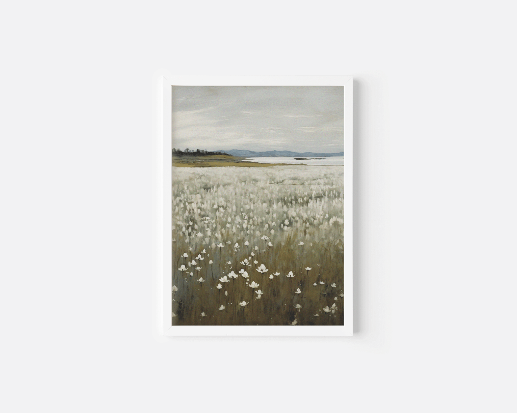 White-framed canvas print of a vintage-style wildflower field and soft horizon landscape, featuring muted botanical tones perfect for cottagecore, rustic, or nature-inspired home decor.