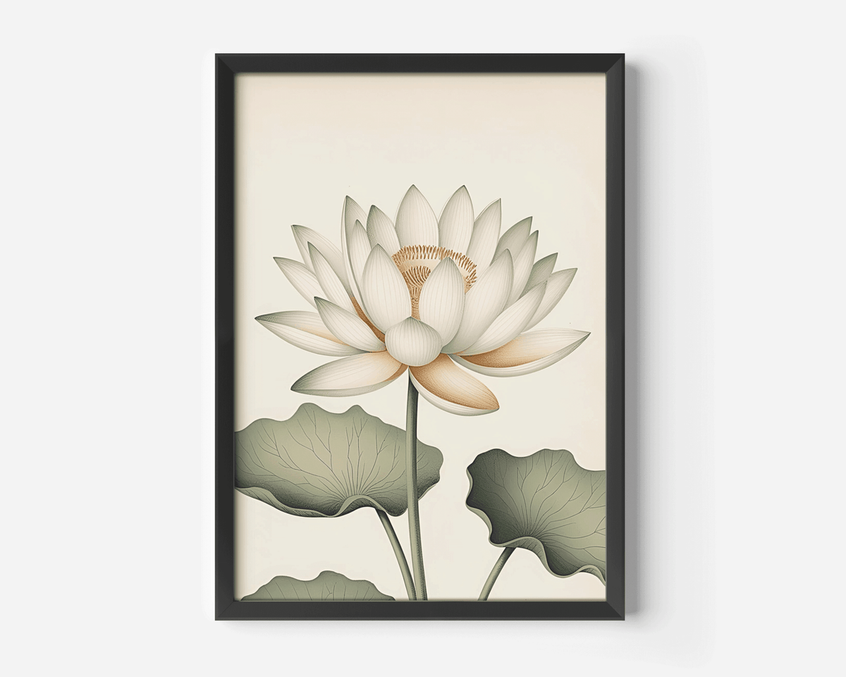 Close-up of a white lotus flower wall art print with soft green leaves and fine botanical detailing on a beige background and black frame