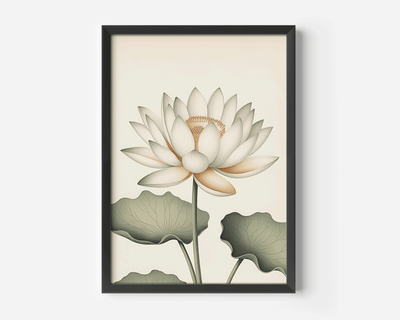 Close-up of a white lotus flower wall art print with soft green leaves and fine botanical detailing on a beige background and black frame