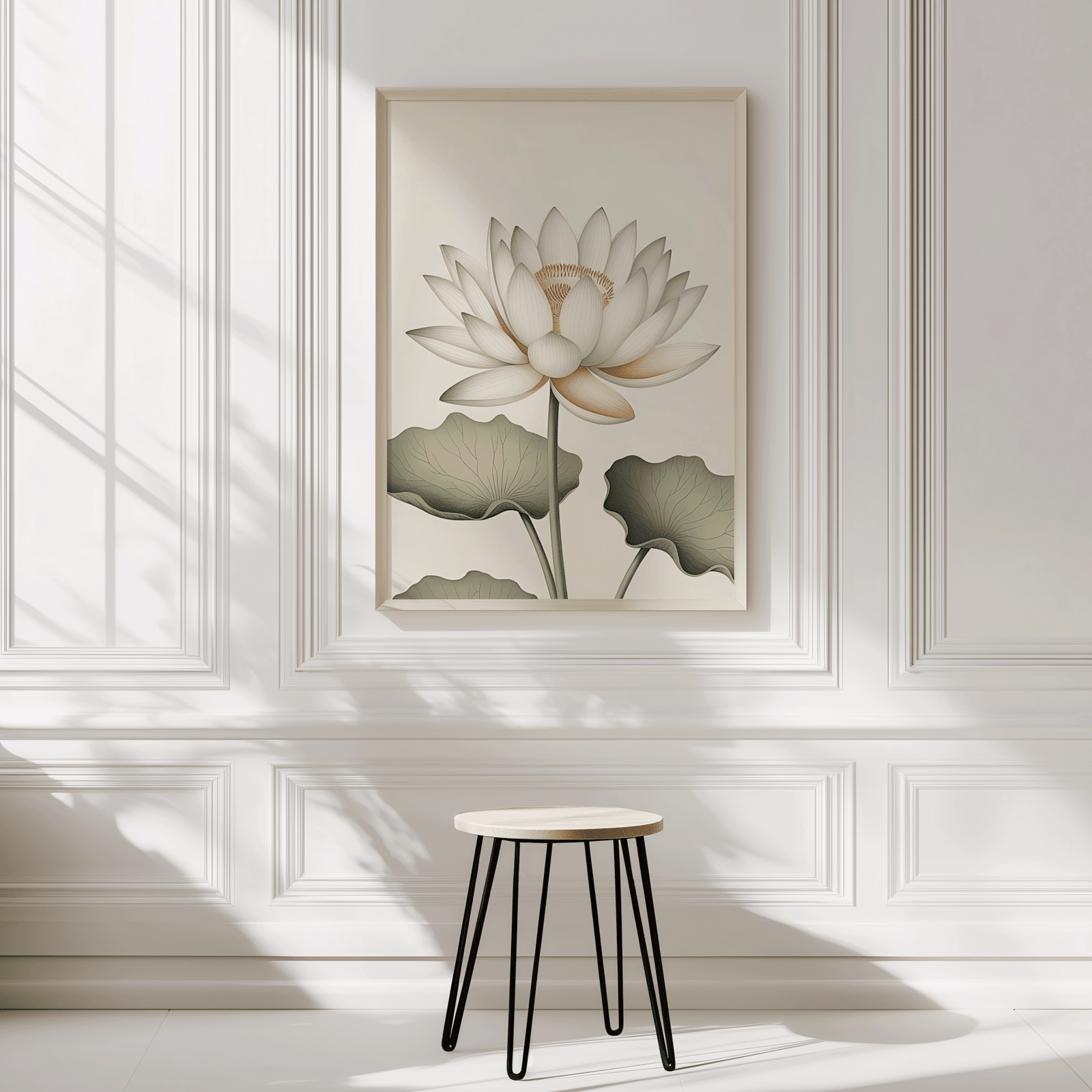 Minimal white lotus wall art with detailed petals and green leaves hanging in a bright sunlit white interior