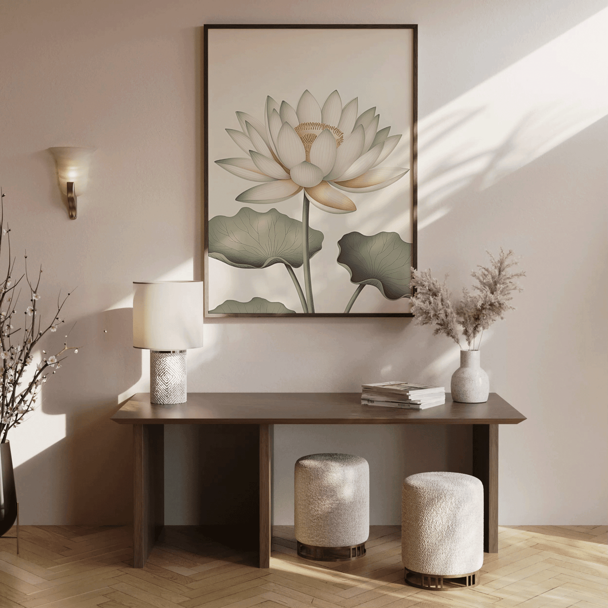 Large framed white lotus flower wall art displayed above a wooden console table in a neutral entryway with warm natural light