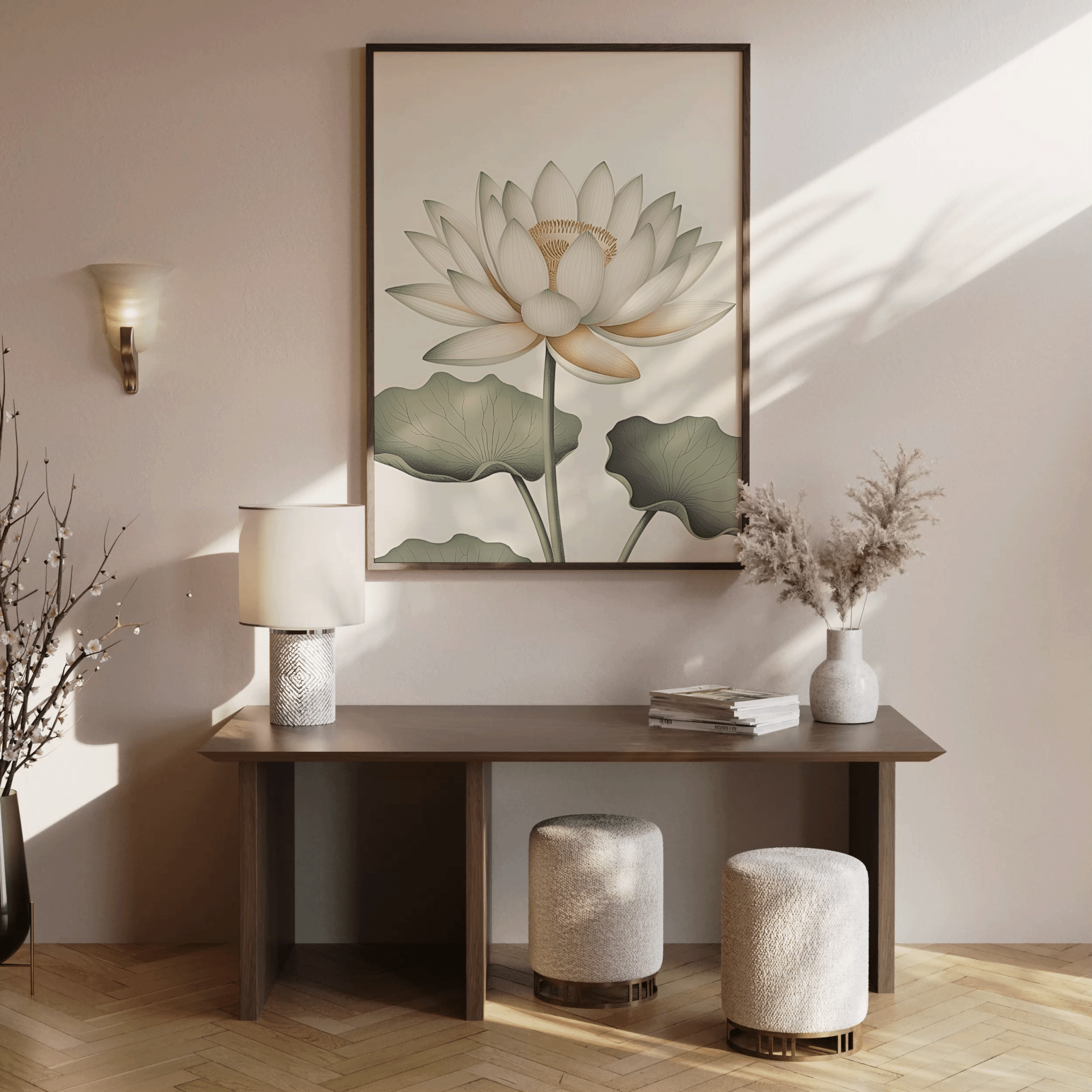 Large framed white lotus flower wall art displayed above a wooden console table in a neutral entryway with warm natural light