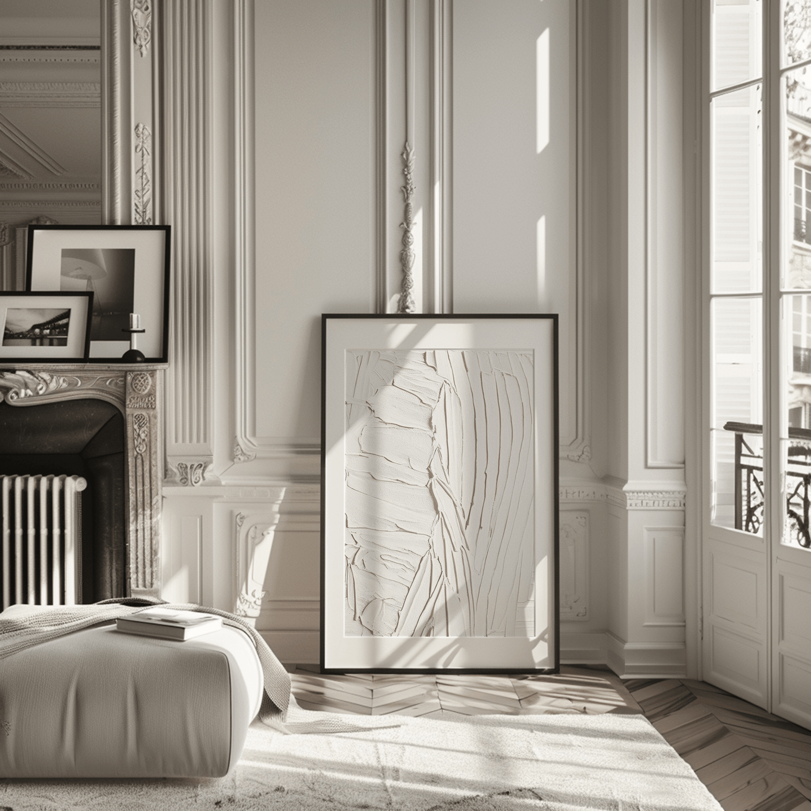 Neutral white abstract faux texture wall art leaning in black frame against classic living room wall next to a fireplace