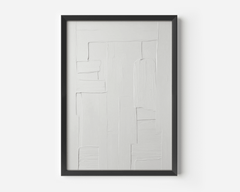 Framed all-white faux textured minimal abstract artwork with a black frame on a white background