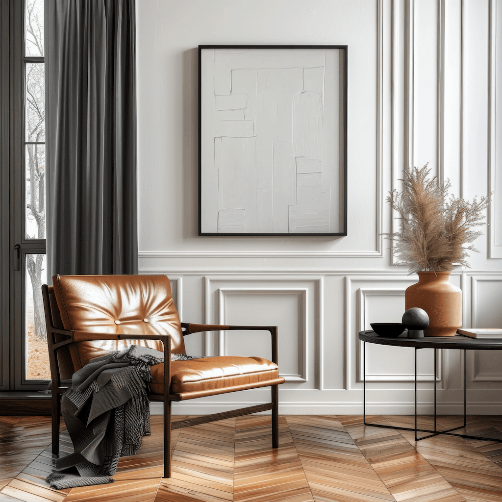 Modern living room with a brown leather chair, white on white tonal abstract wall art with a black frame, and decorative elements.
