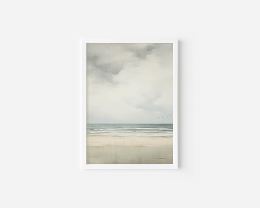 Coastal canvas print of a serene beach and pale sky, ideal for bedroom decor

