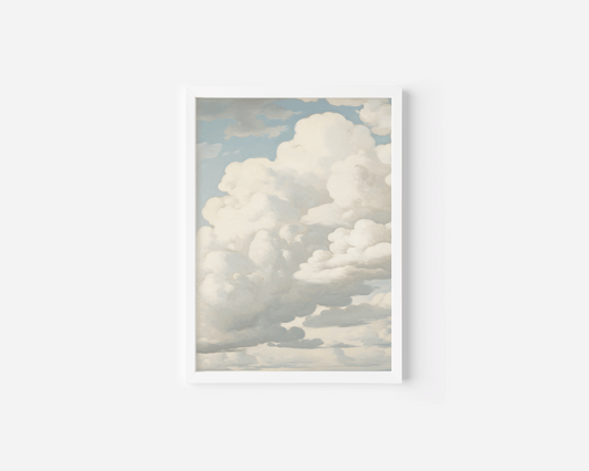 Vintage cloudscape wall art with soft white clouds and blue sky

