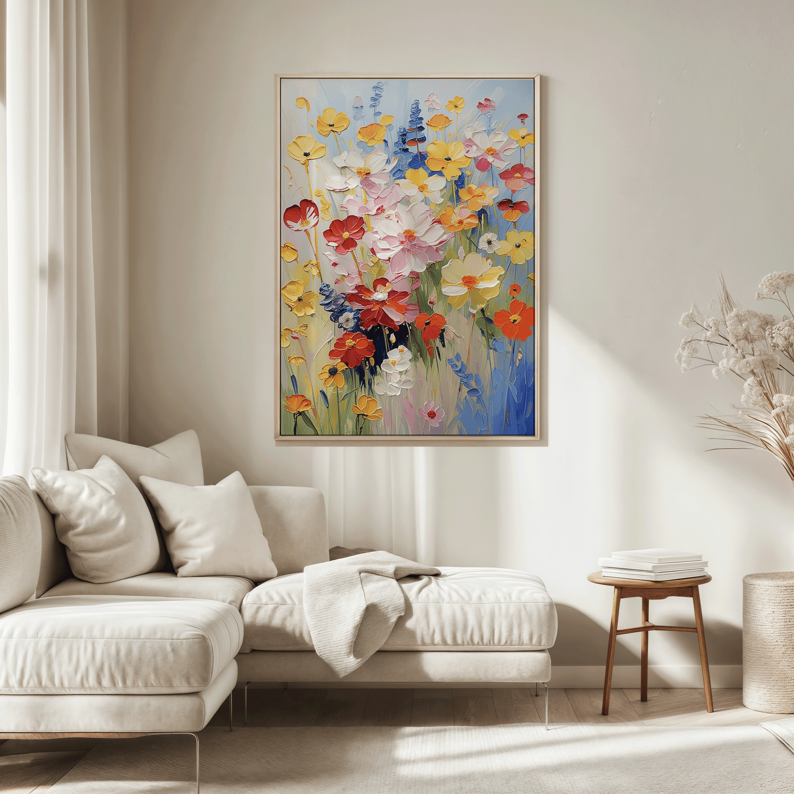 Large wildflower botanical wall art hanging above a neutral sectional sofa in living room