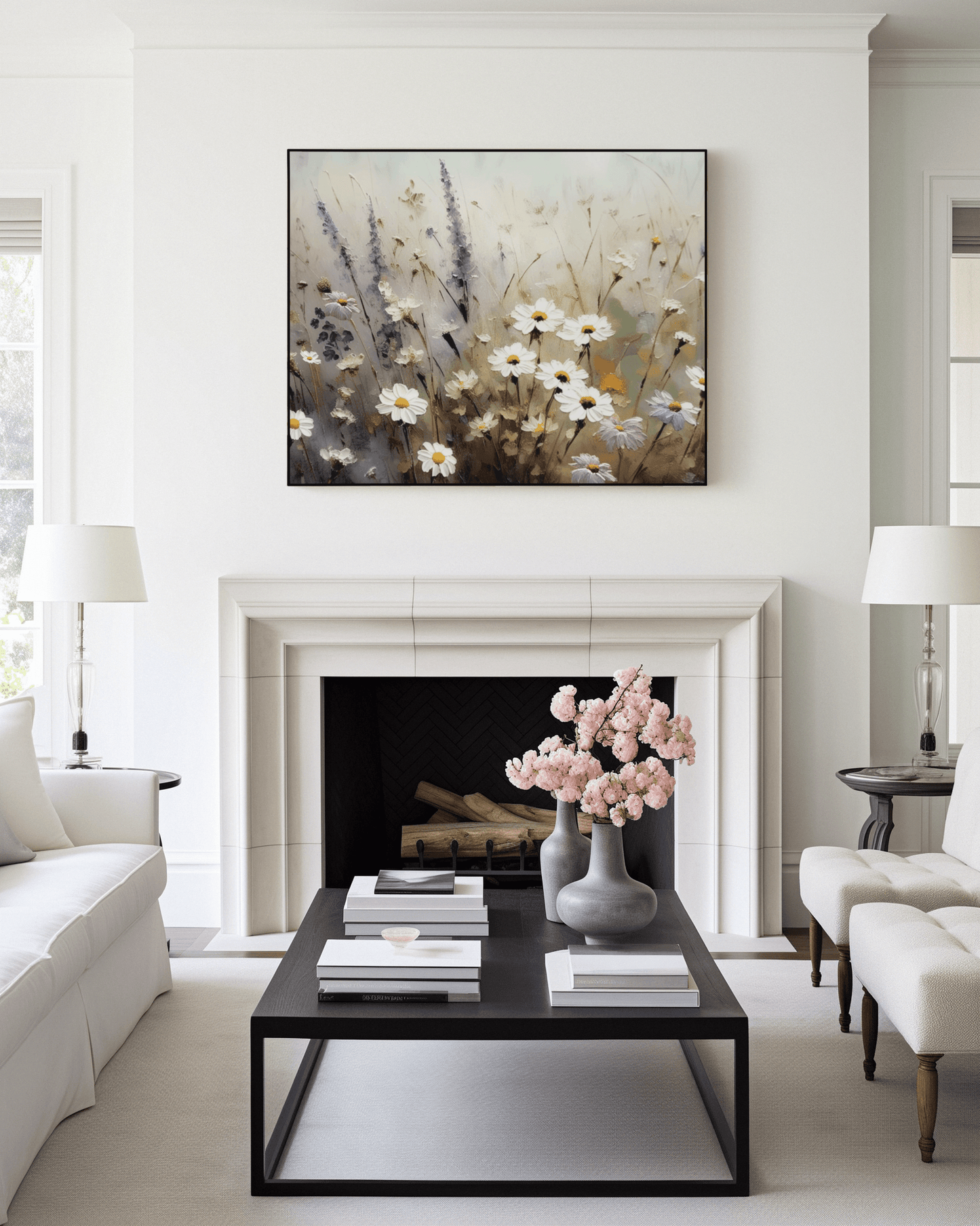 Wildflower meadow wall art with daisies and lavender above a white fireplace, framed canvas print for a modern living room