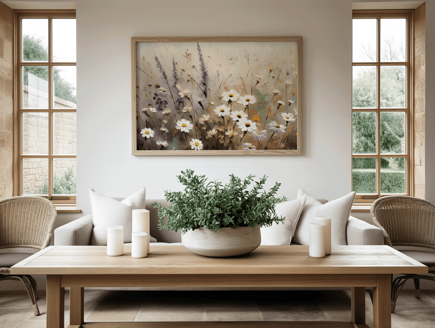 Daisy and lavender wildflower framed canvas wall art styled in a modern neutral living room; ready to hang botanical wall decor to buy online