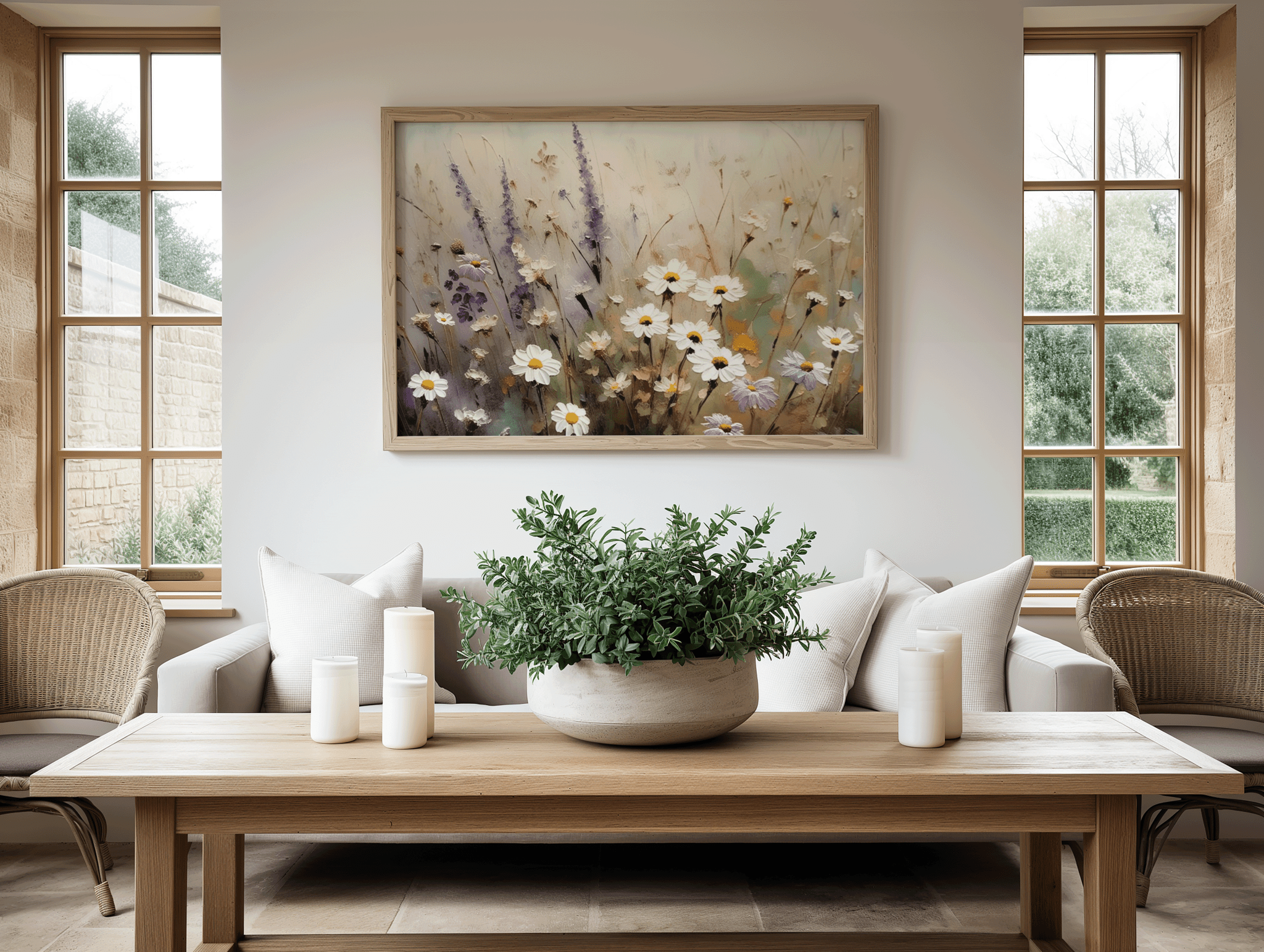 Daisy and lavender wildflower framed canvas wall art styled in a modern neutral living room; ready to hang botanical wall decor to buy online