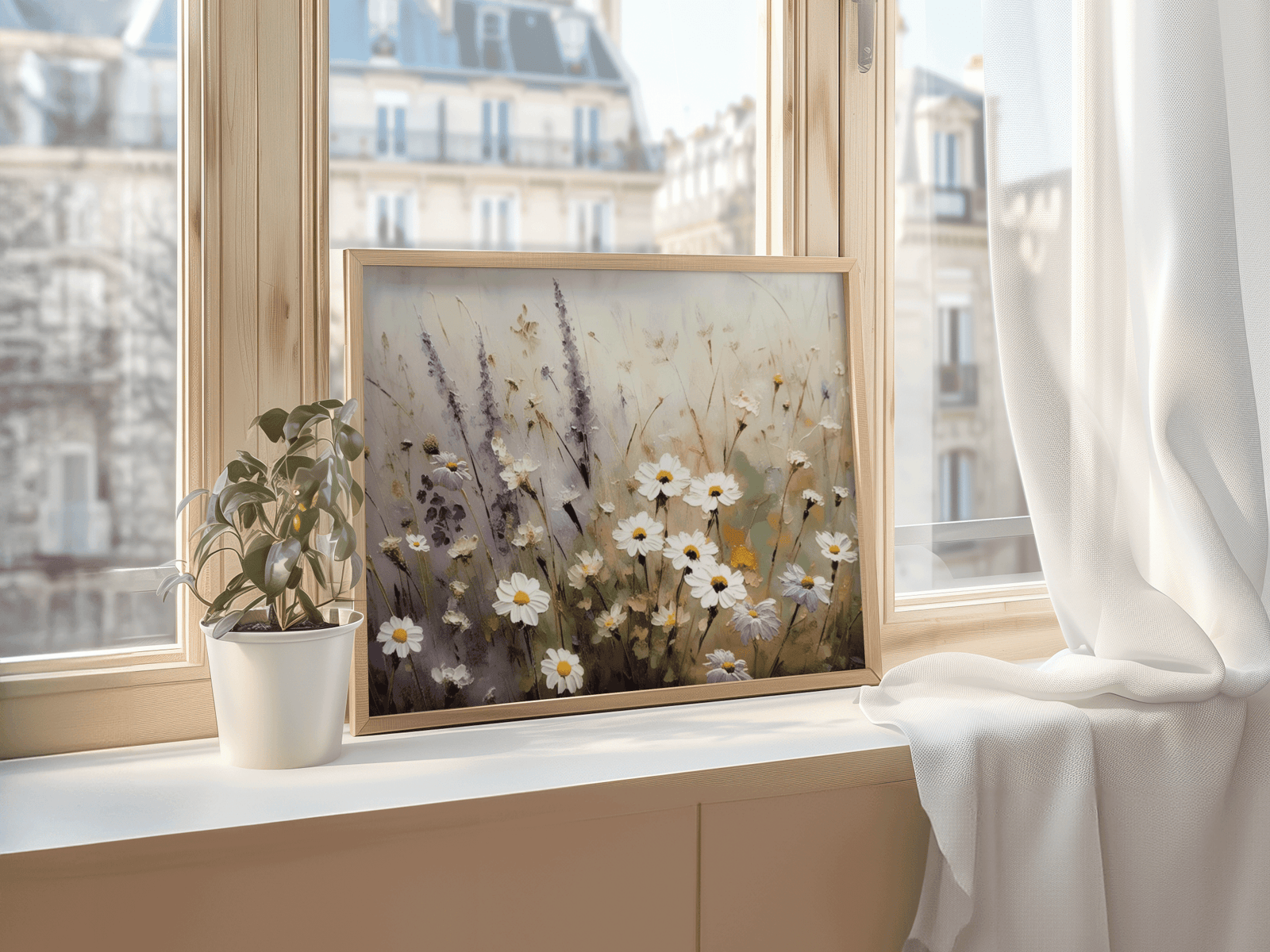 Small framed wildflower wall art print with daisies and lavender on a sunny windowsill and city views.