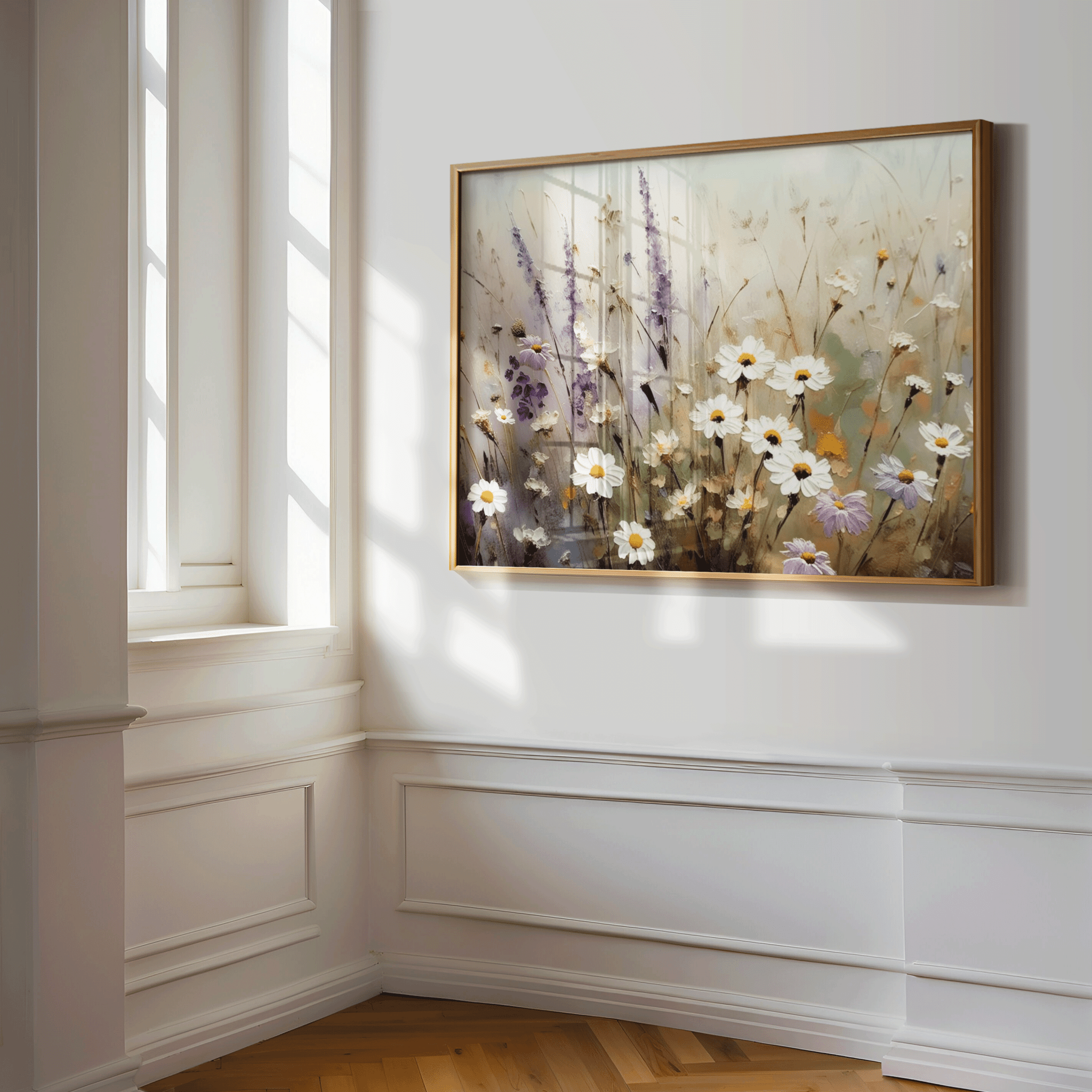 Sunlit corner with daisy and lavender wildflower art print in a warm wood frame; elegant botanical wall art for entryway or hallway